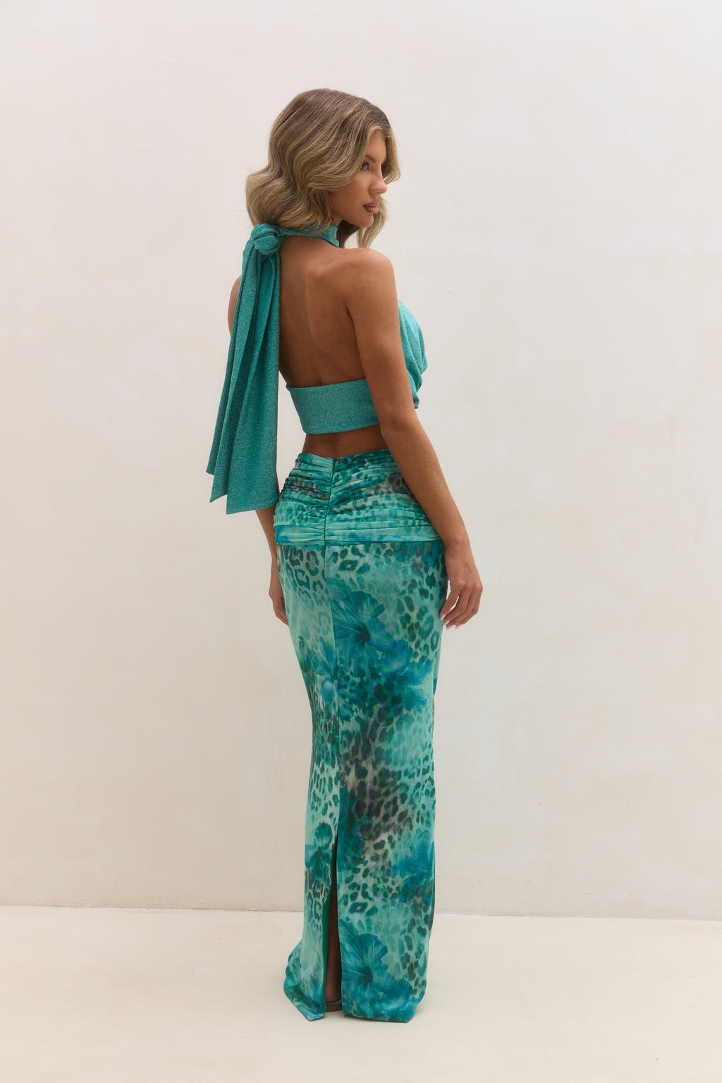 Ruched Waist Maxi Skirt - Turquoise Print