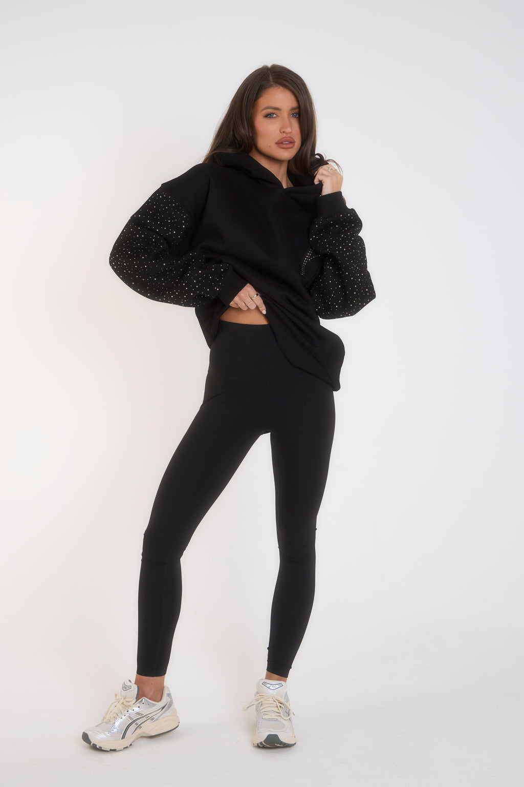 'H' Applique Rhinestone Hoodie - Black