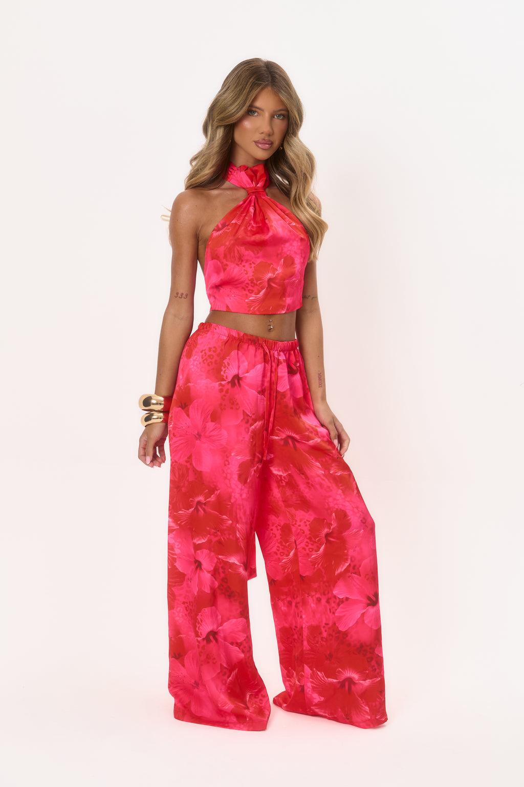 Satin Wide Leg Trouser - Red Floral