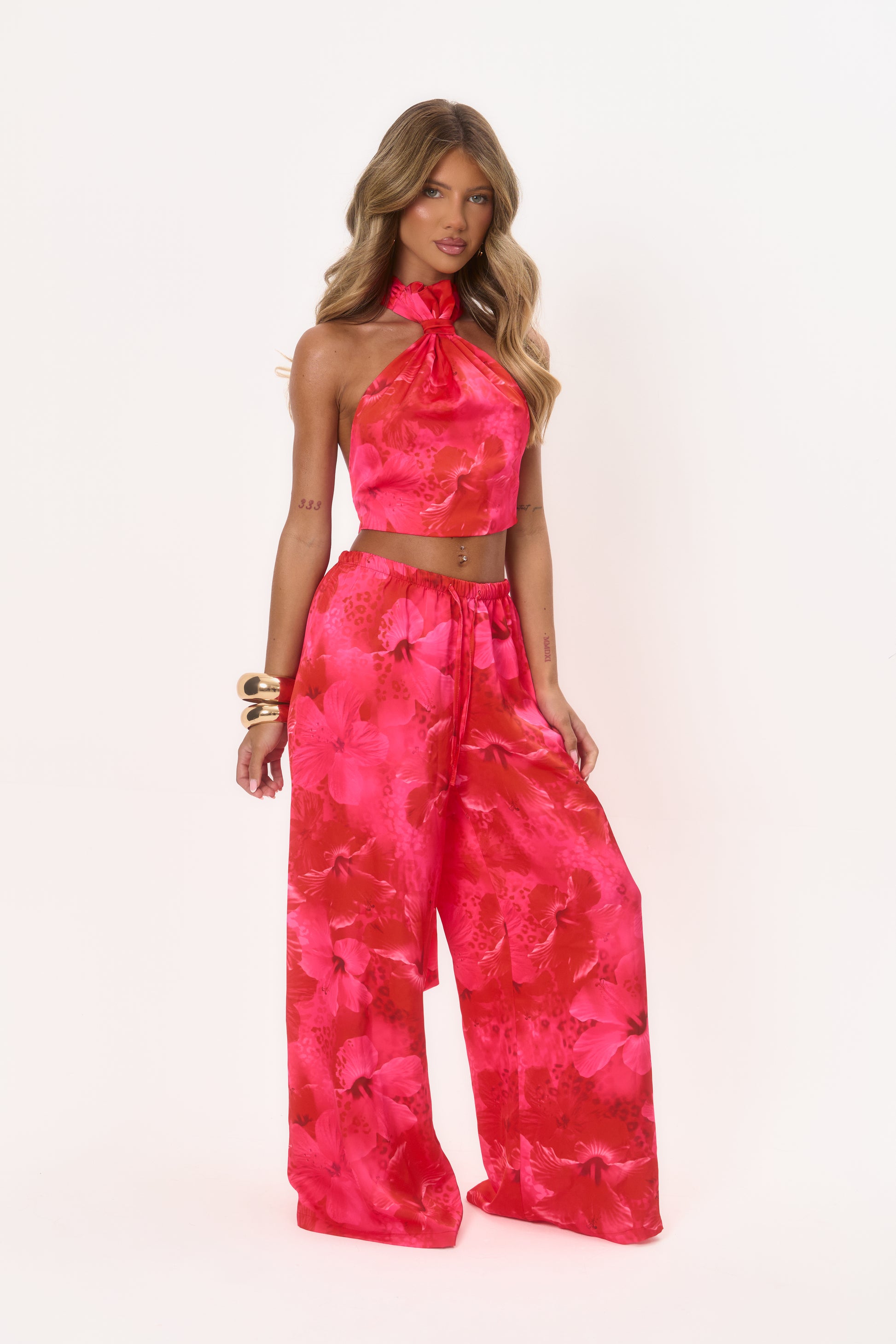 Satin Wide Leg Trouser - Red Floral