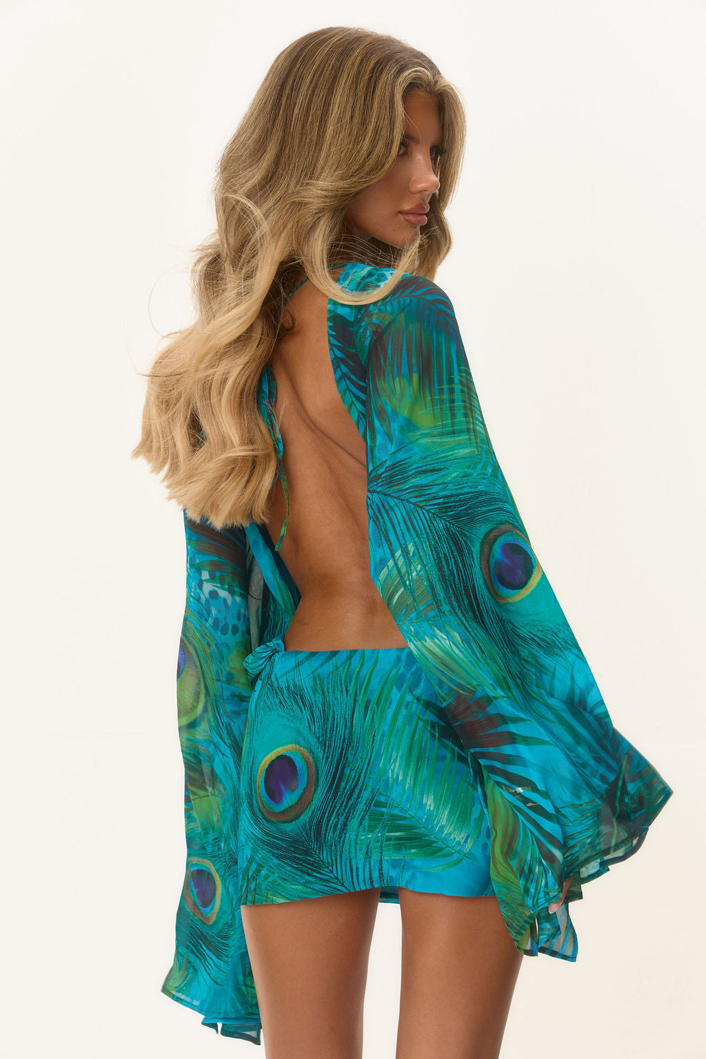 Assym Chiffon Backless Mini Dress - Peacock