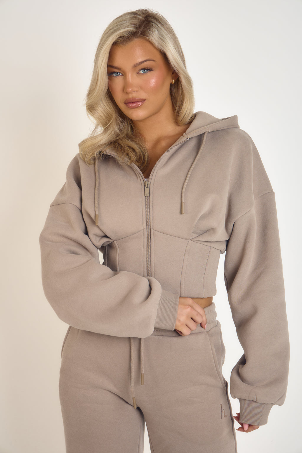 ‘Signature Staples’ Corset Hooded Jacket - Taupe