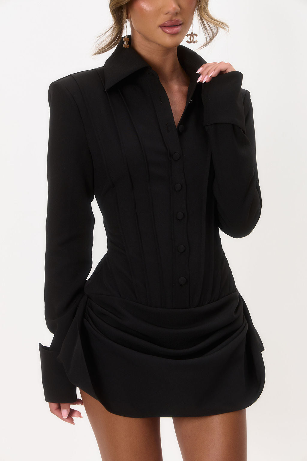 The Sculpted Shirt Mini Dress - Black