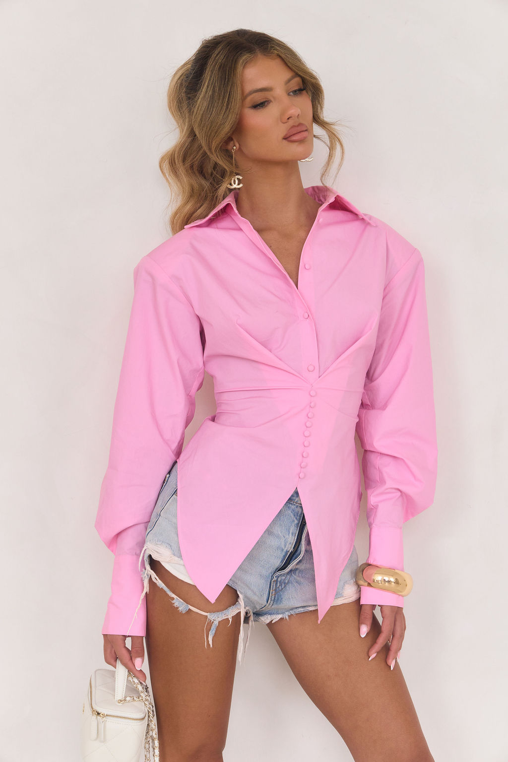 Cinch Waist Shoulder Pad Shirt - Pink