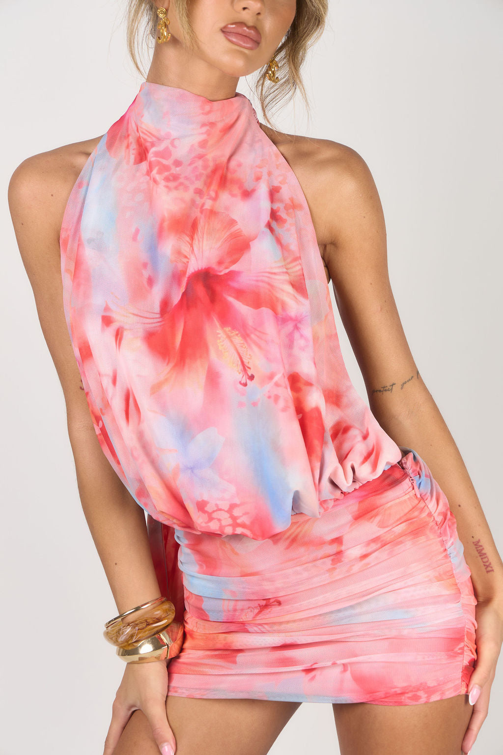The Backless Halter Neck Mini Dress - Coral & Blue