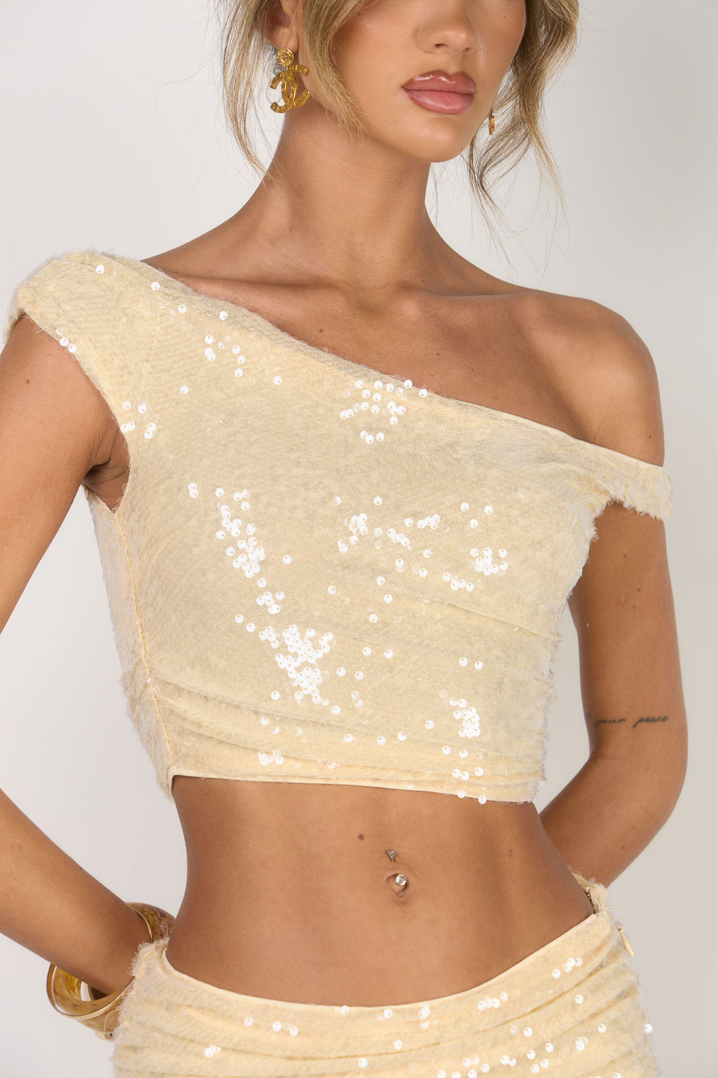 The Sequin Asymmetric Bardot Top - Lemon