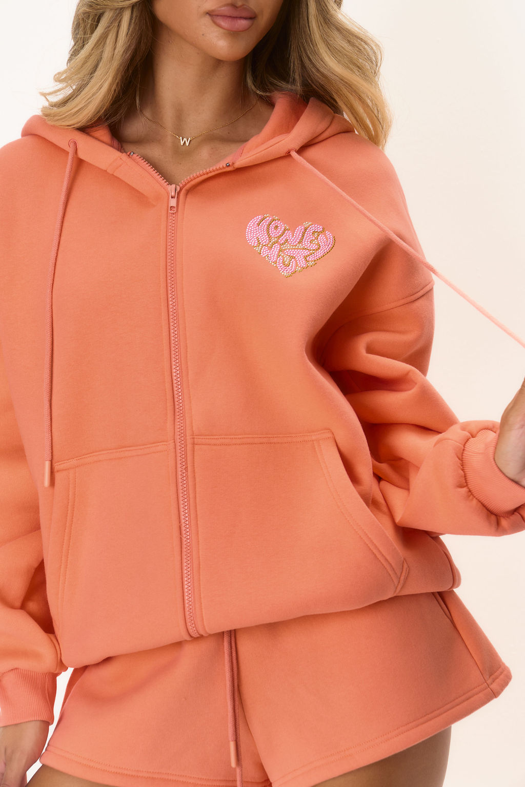 Graphic Rhinestone Zip Jacket - Orange Heart