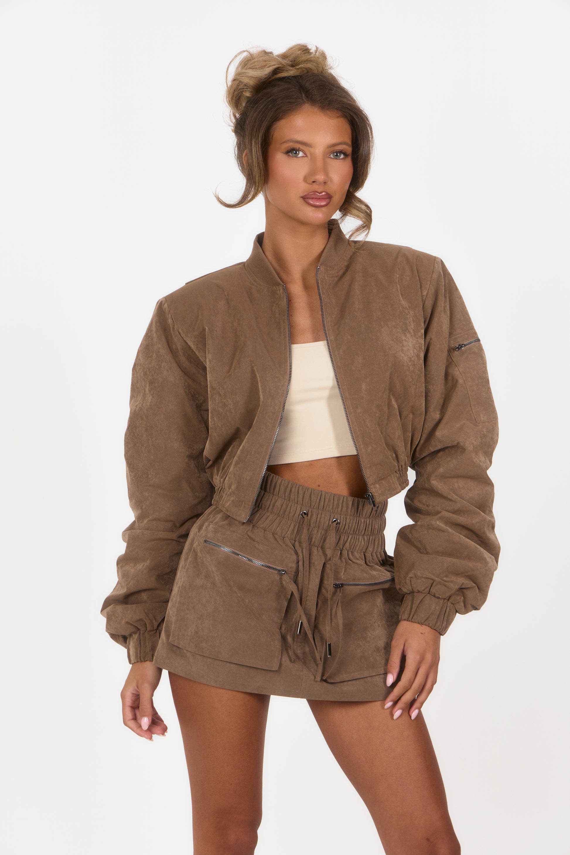 Shoulder Pad Bomber Jacket - Brown