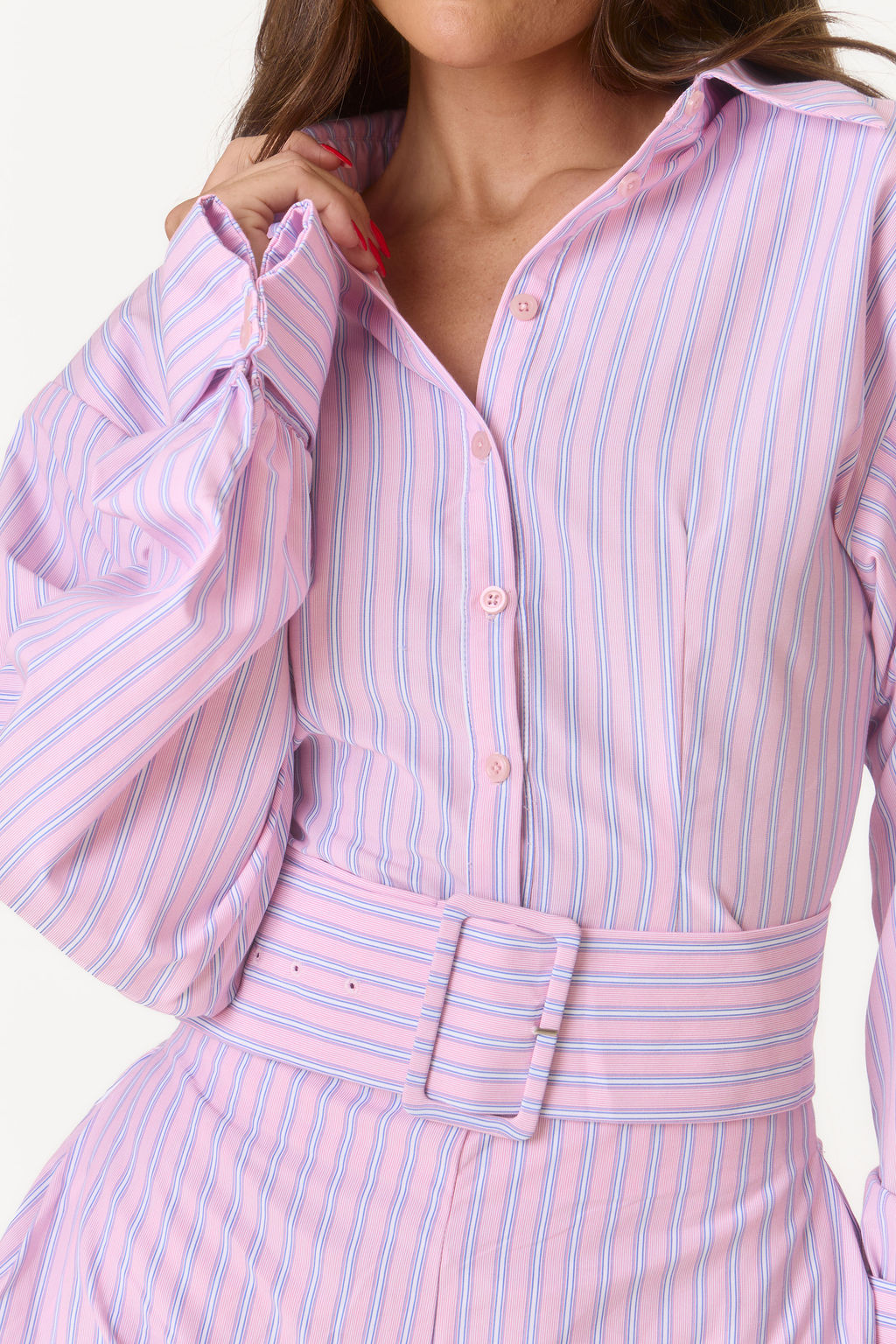 Shoulder Pad Cuff Detail Shirt - Pink Pinstripe