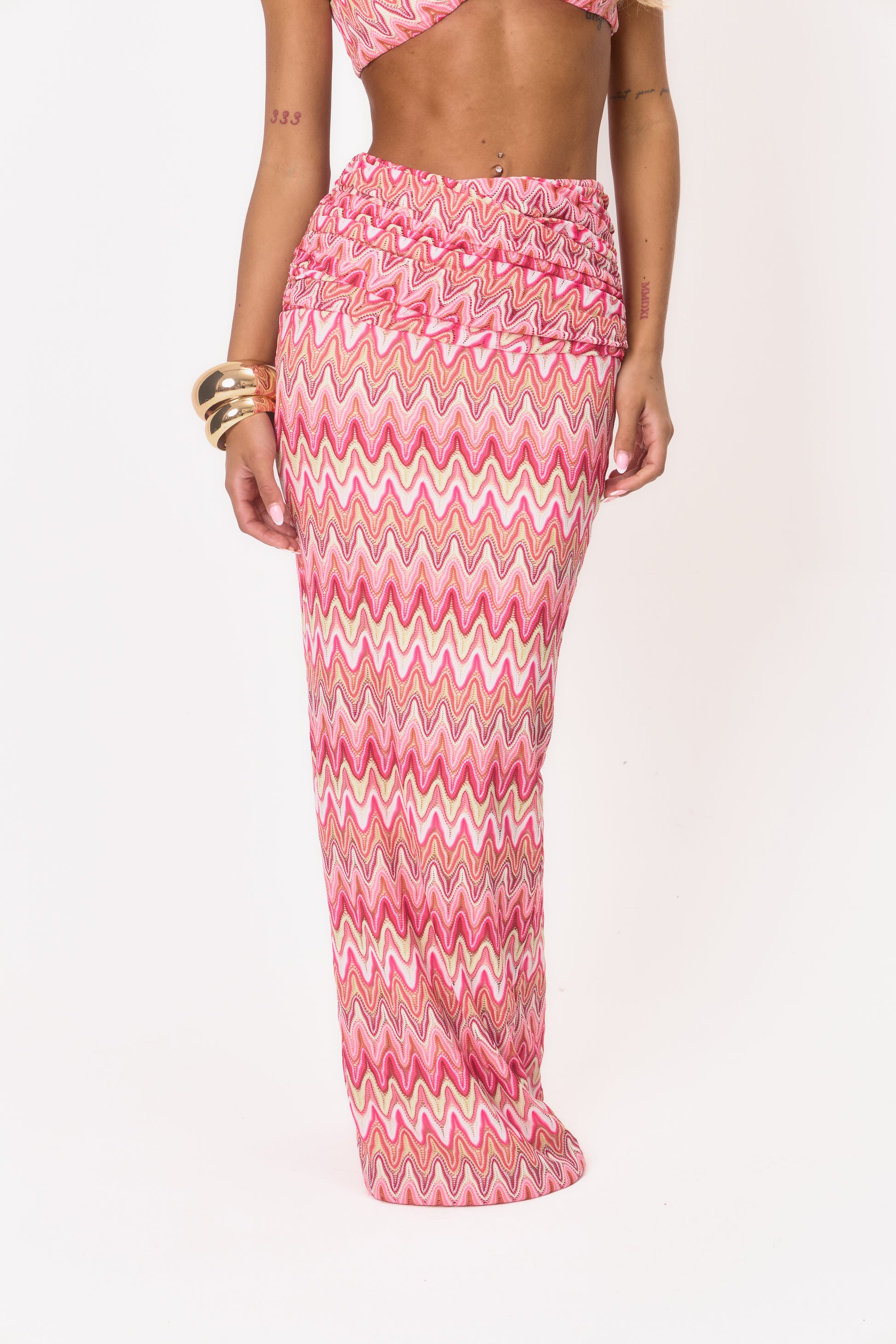Ruched Waist Maxi Skirt - Pink