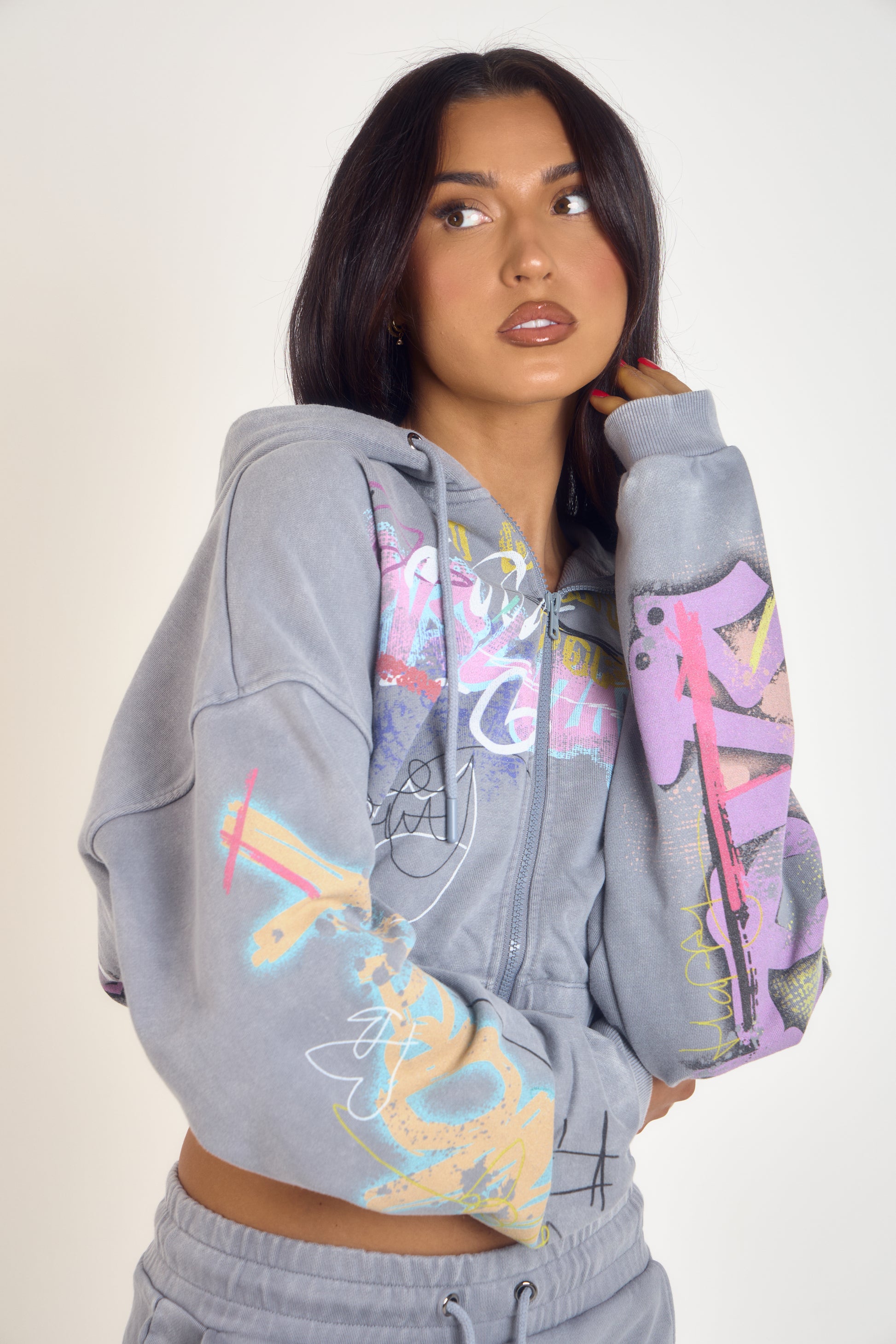 THH Crop Zip Jacket - Grey Graffiti