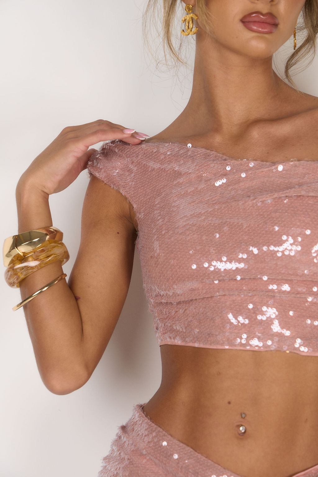 The Sequin Asymetric Bardot Top - Mocha