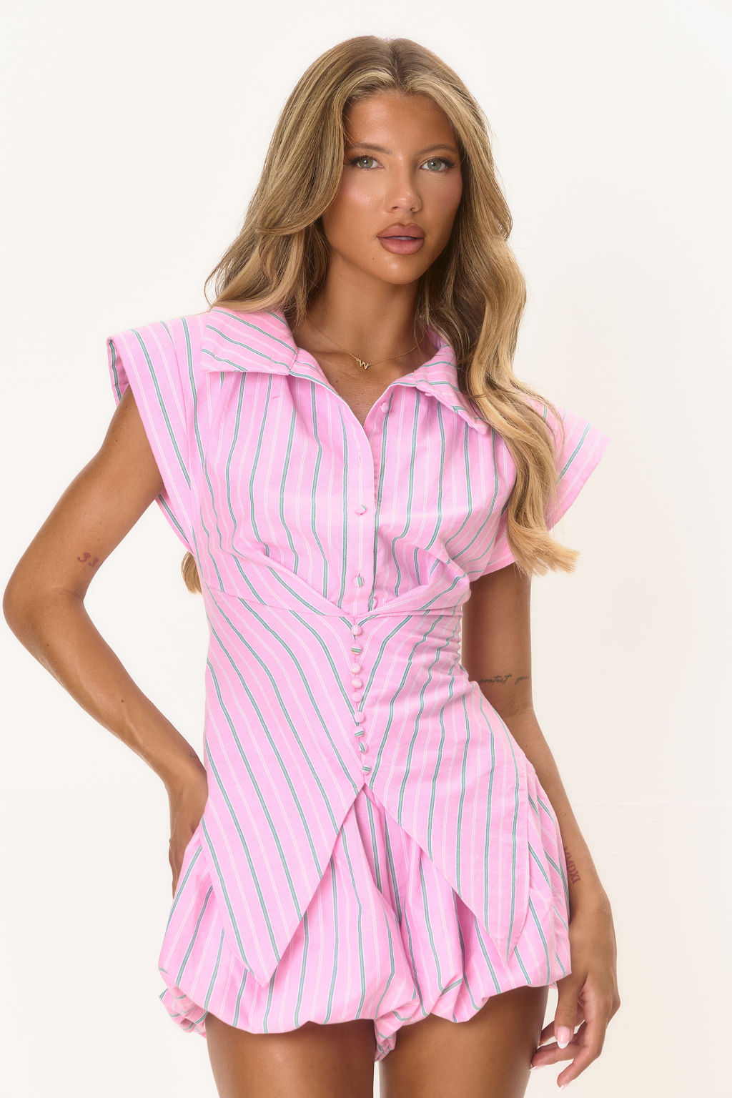 Cinch Waist Sleeveless Shirt - Pink Pinstripe