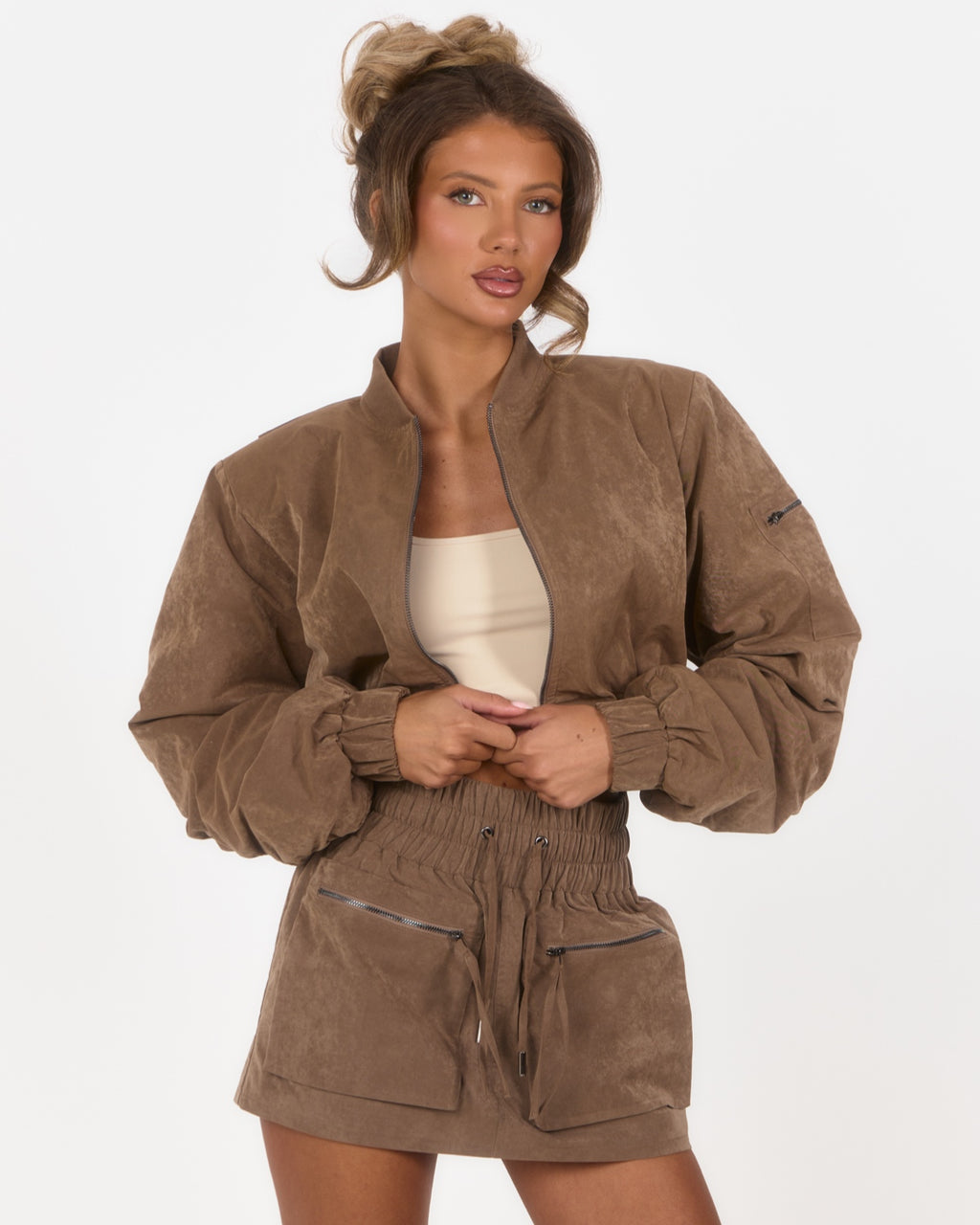 Shoulder Pad Bomber Jacket - Brown