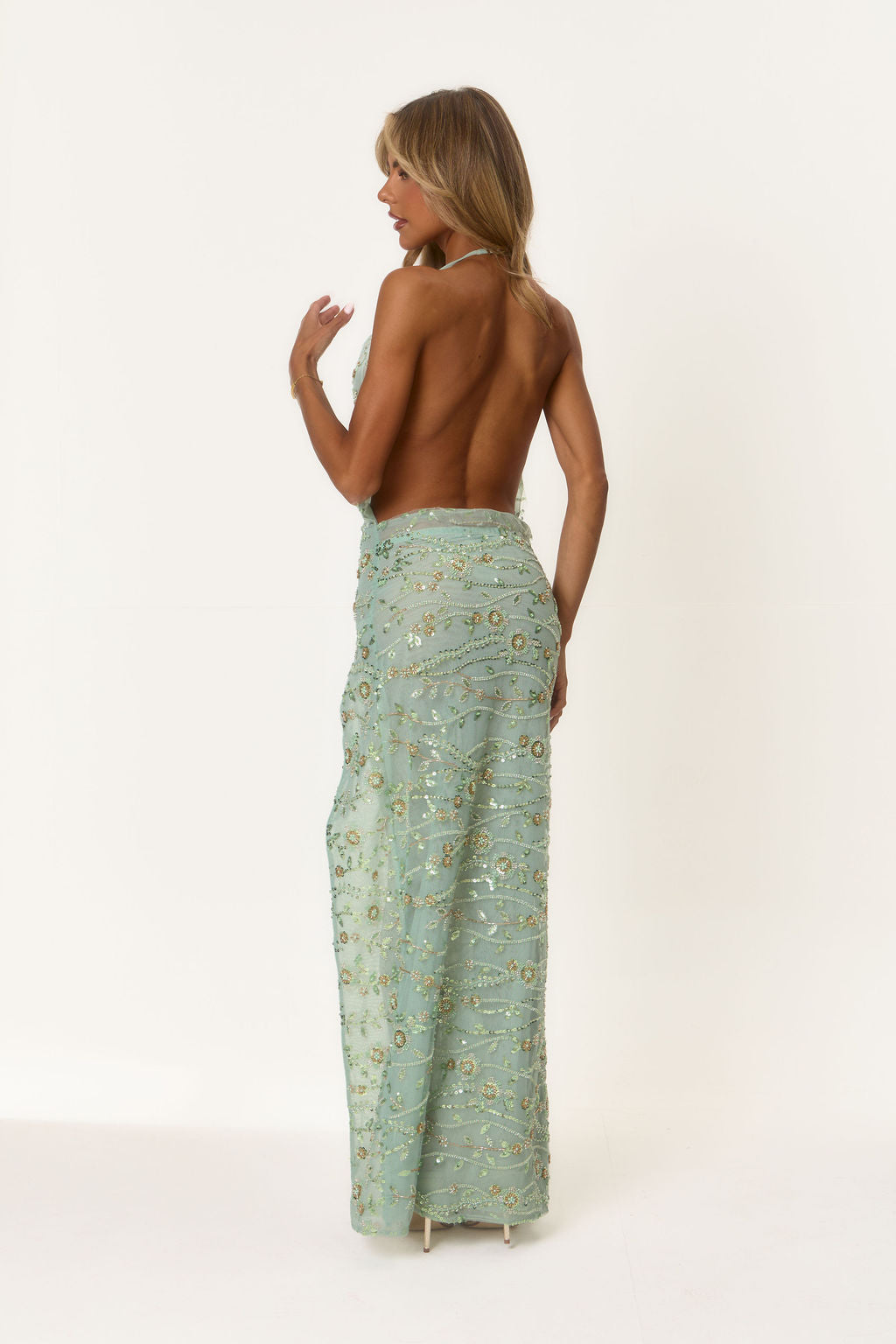 Backless Halter Neck Maxi Dress - Green