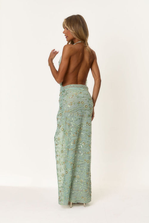 The Honey Hut Backless Halter Neck Maxi Dress - Green Backless Halter Neck Maxi Dress - Green