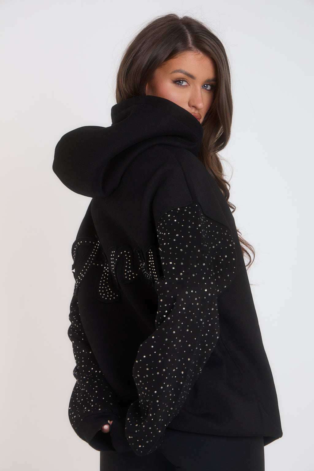 'H' Applique Rhinestone Hoodie - Black