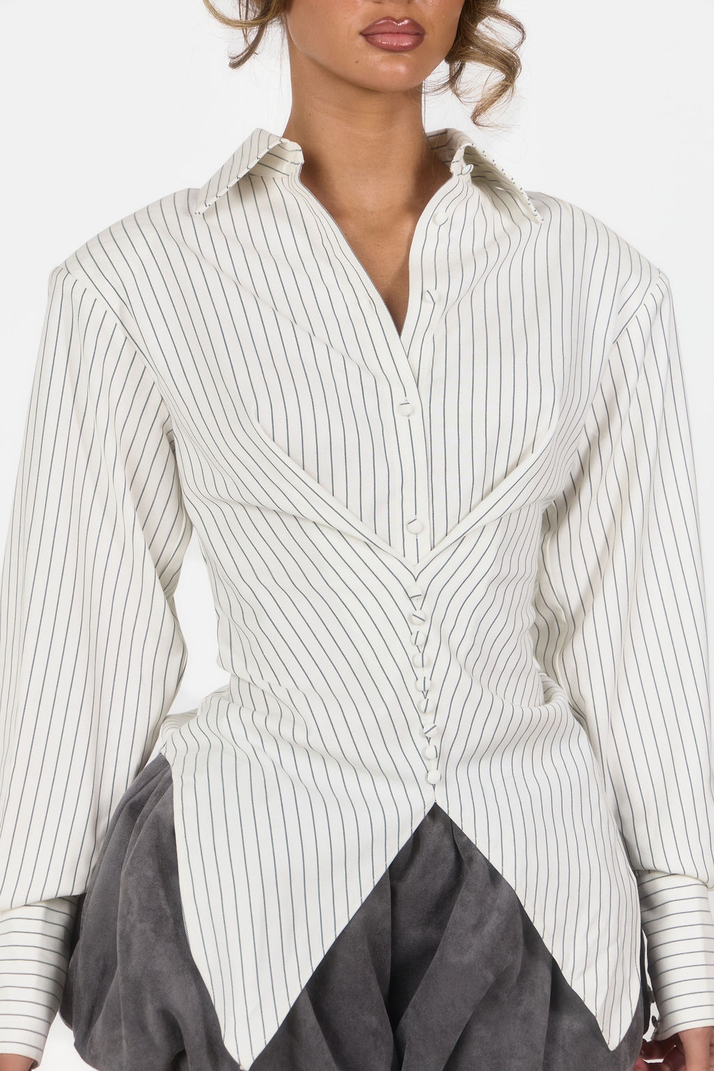 Cinch Waist Shoulder Pad Shirt - White Pinstripe