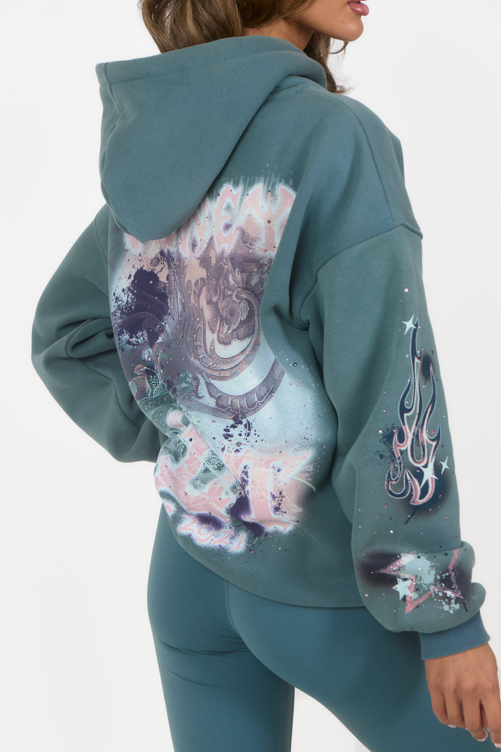 Graphic & Rhinestone Hoodie - Blue