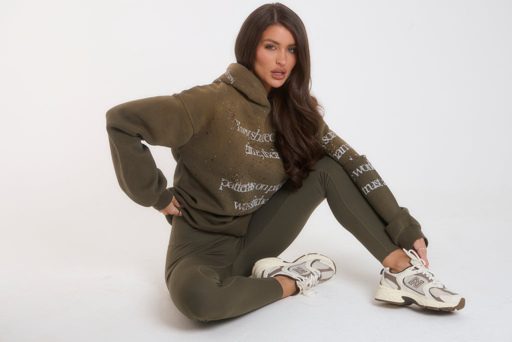 'Our Story' Rhinestone Hoodie - Khaki