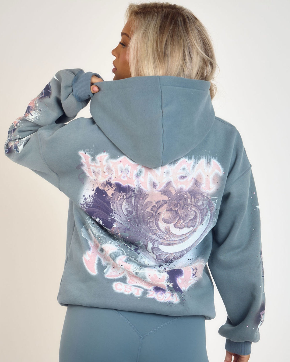 Graphic & Rhinestone Hoodie - Blue