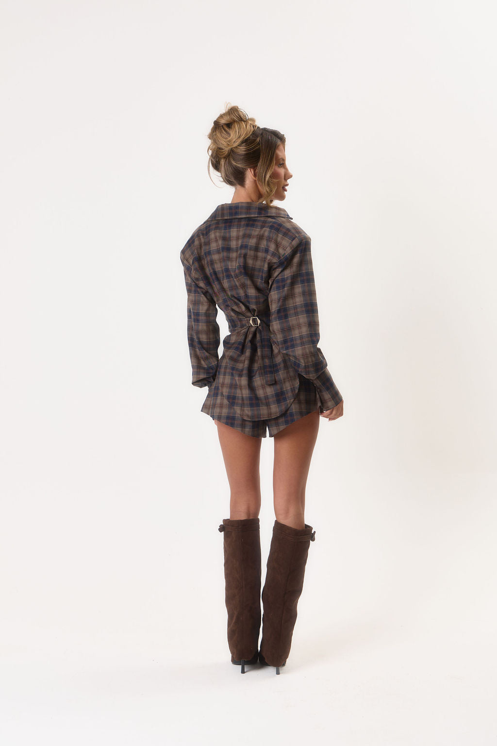 Milan' Cinch Waist Shirt - Blue/Brown Check