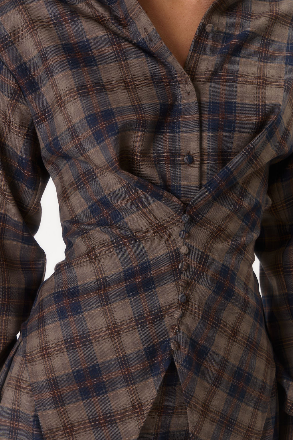 Milan' Cinch Waist Shirt - Blue/Brown Check