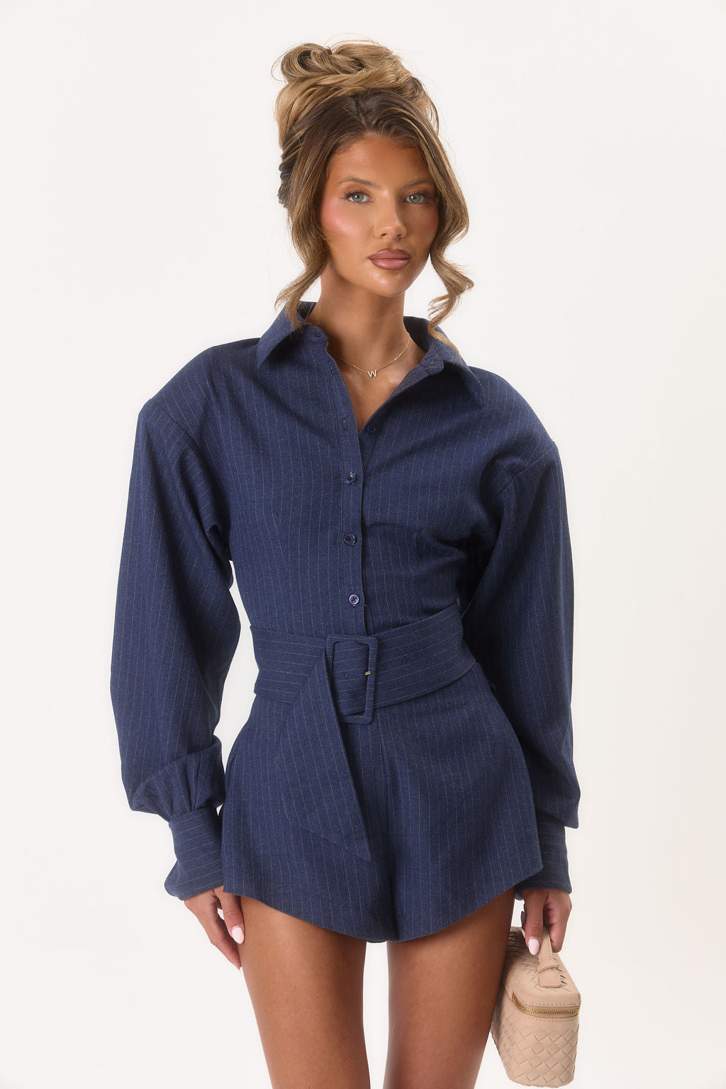 Nova' Belted Shorts - Navy Pinstripe