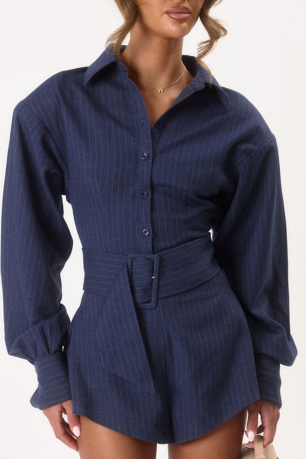 Celine' Shoulder Pad Shirt - Navy Pinstripe