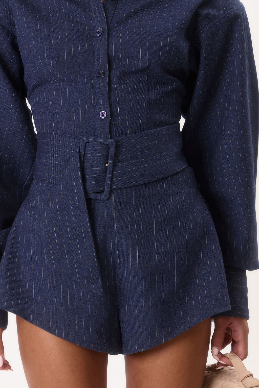 Nova' Belted Shorts - Navy Pinstripe
