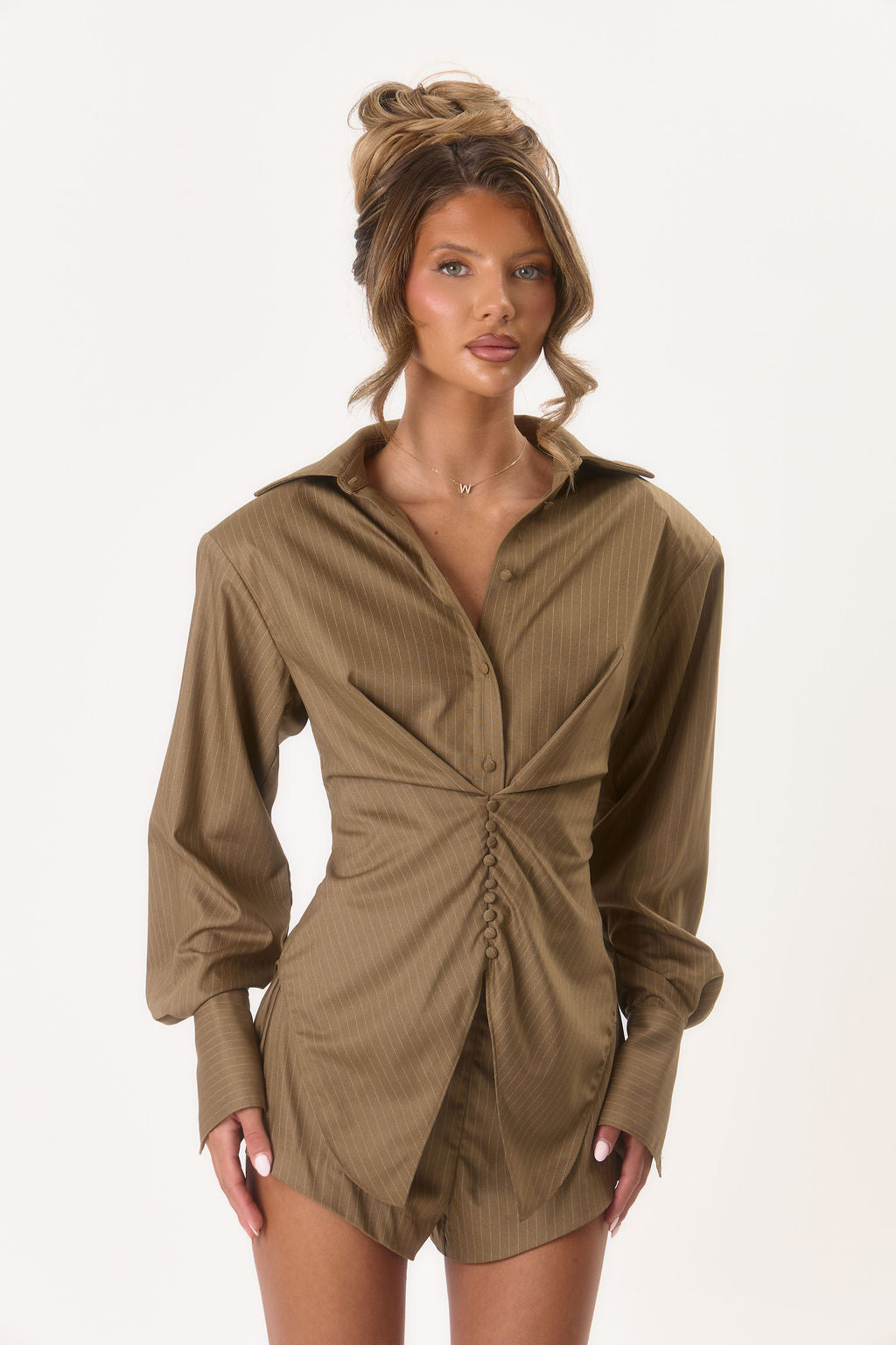 Elle' High Waist Shorts - Taupe Pinstripe