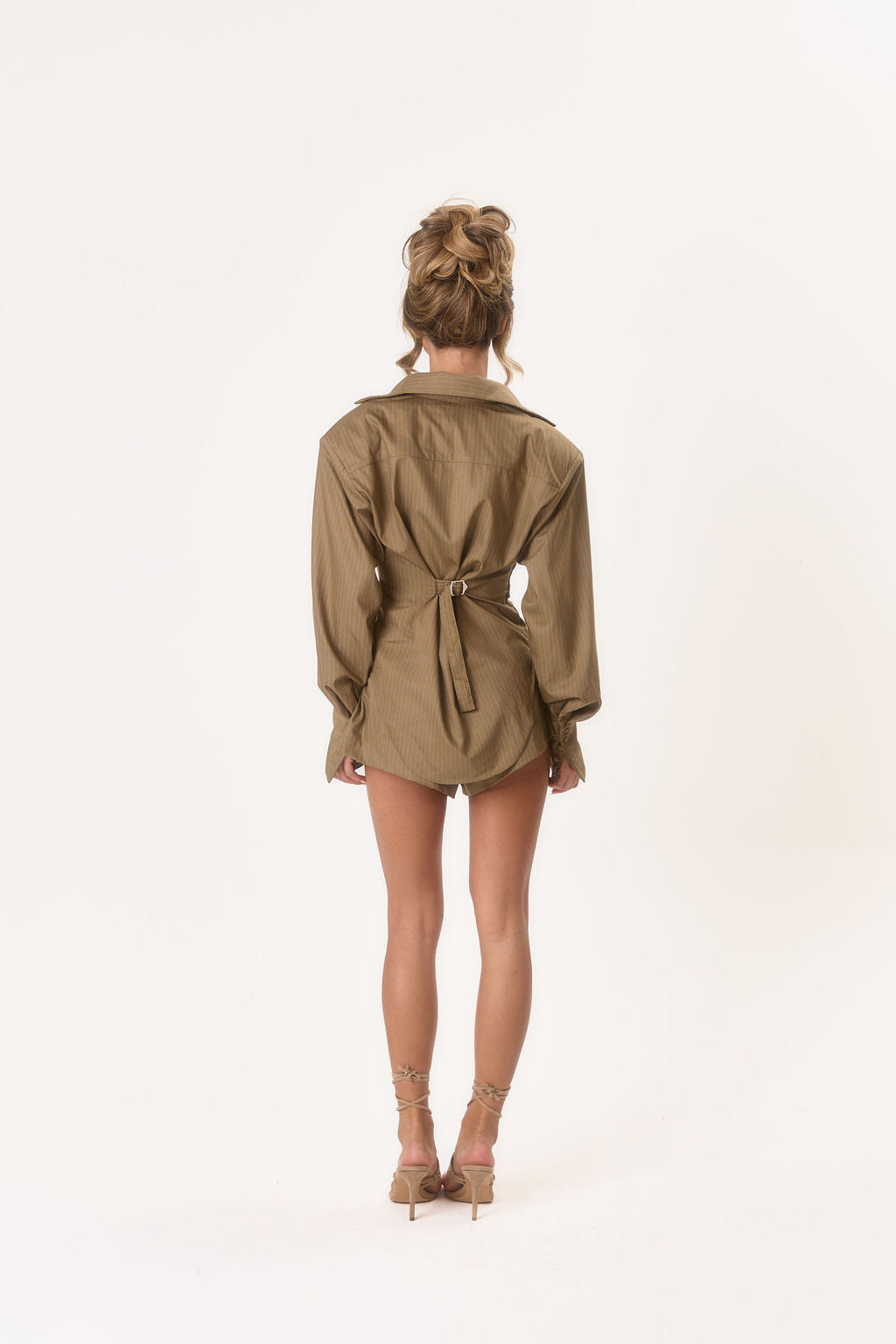 Milan' Cinch Waist Shirt - Taupe Pinstripe