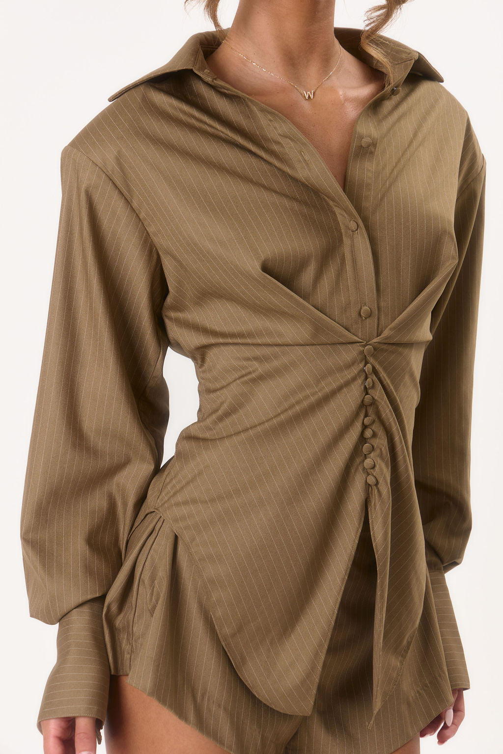 Milan' Cinch Waist Shirt - Taupe Pinstripe