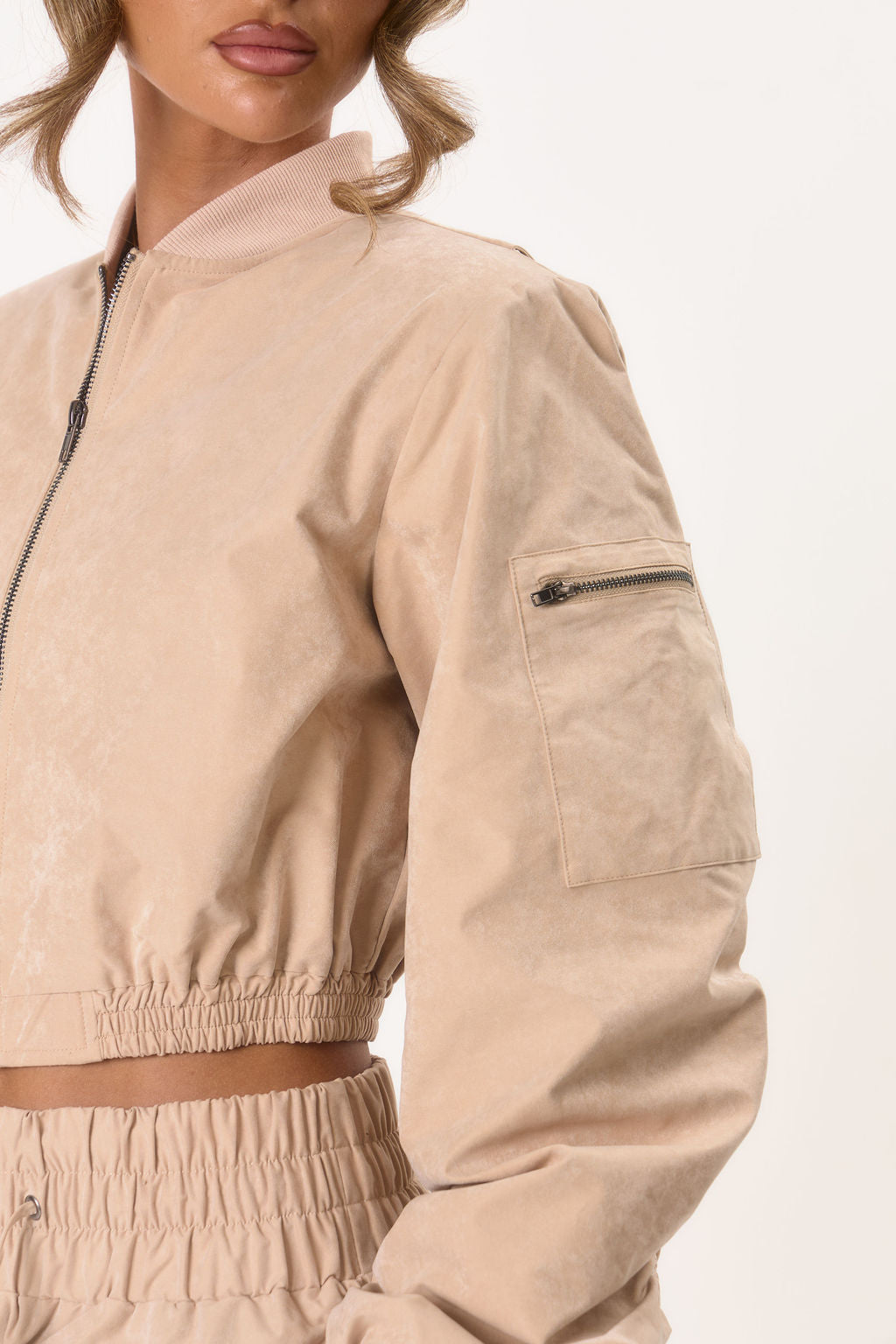 Shoulder Pad Bomber Jacket - Beige
