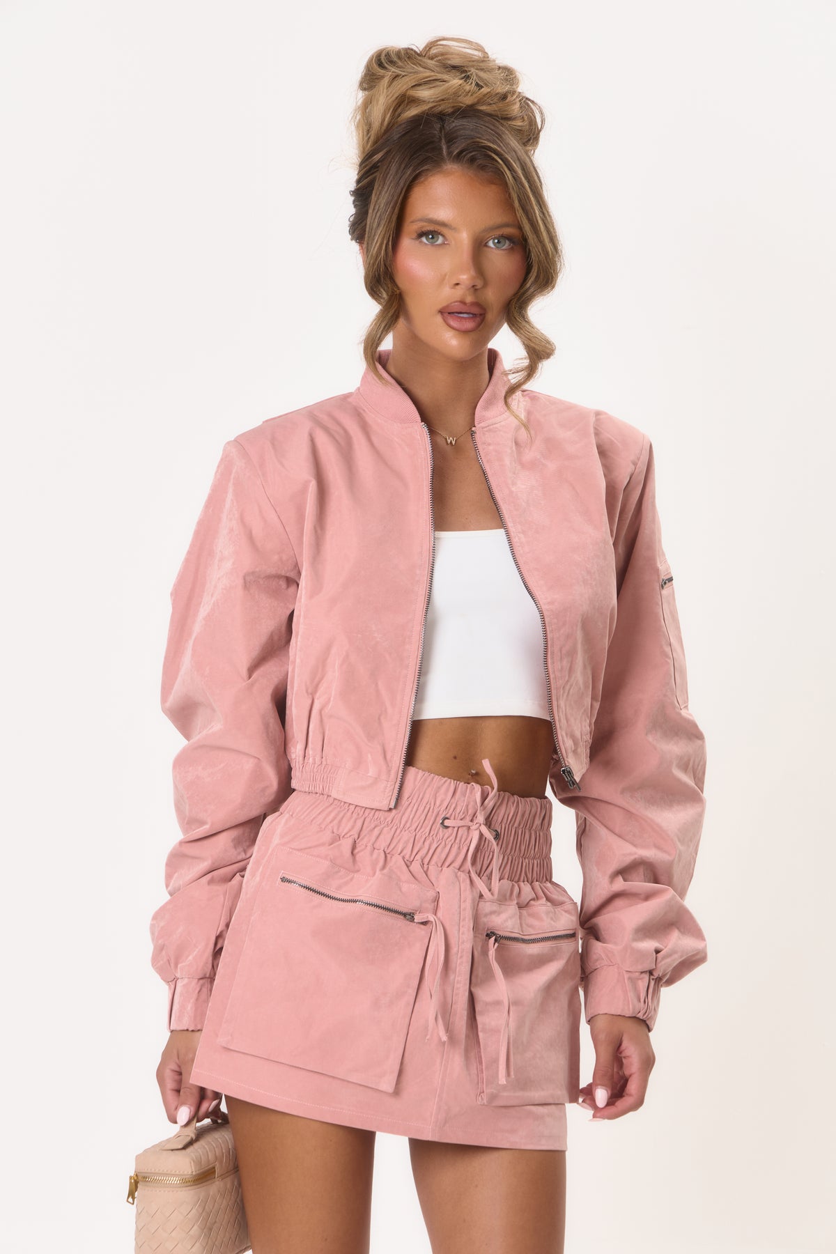 Shoulder Pad Bomber Jacket - Pink