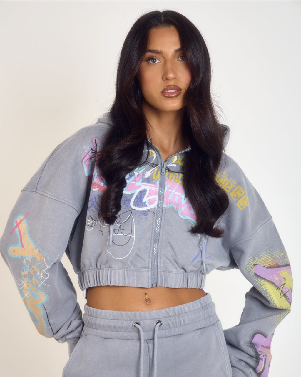 THH Crop Zip Jacket - Grey Graffiti