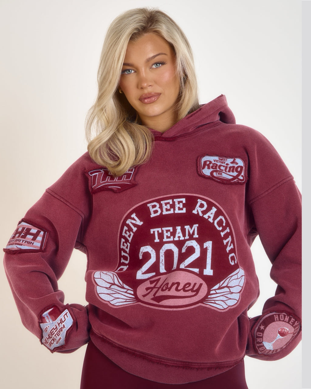 Distressed Badge Hoodie - Burgundy