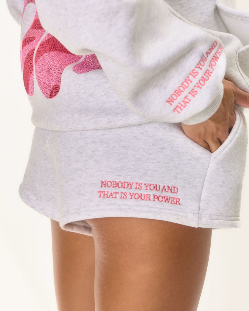 High Waist Slogan Jogger Short - Marl Grey Honey