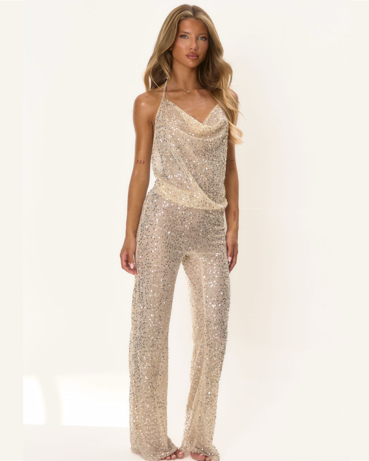Crochet Sequin Jumpsuit - Cream